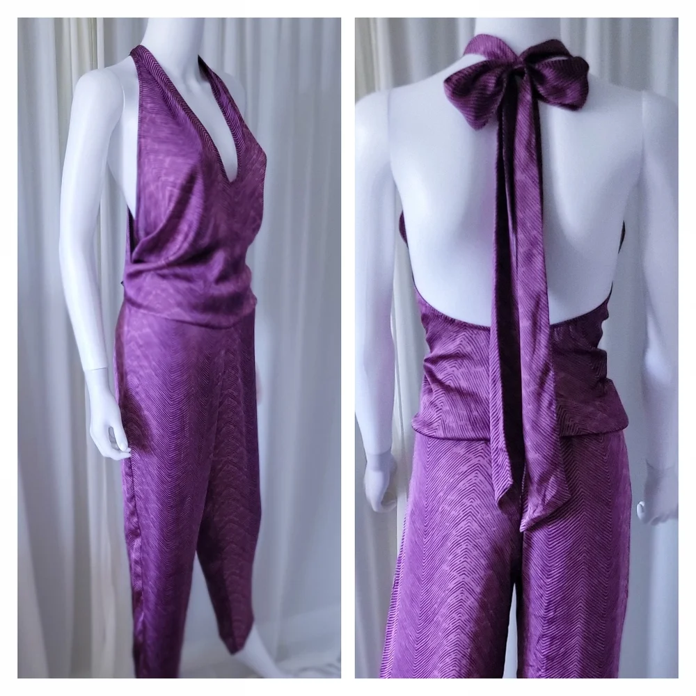 Alexis Jumpsuit • Halter Blouse Pant Romper • Purple Bow Neck • S-M - Picture 5 of 6